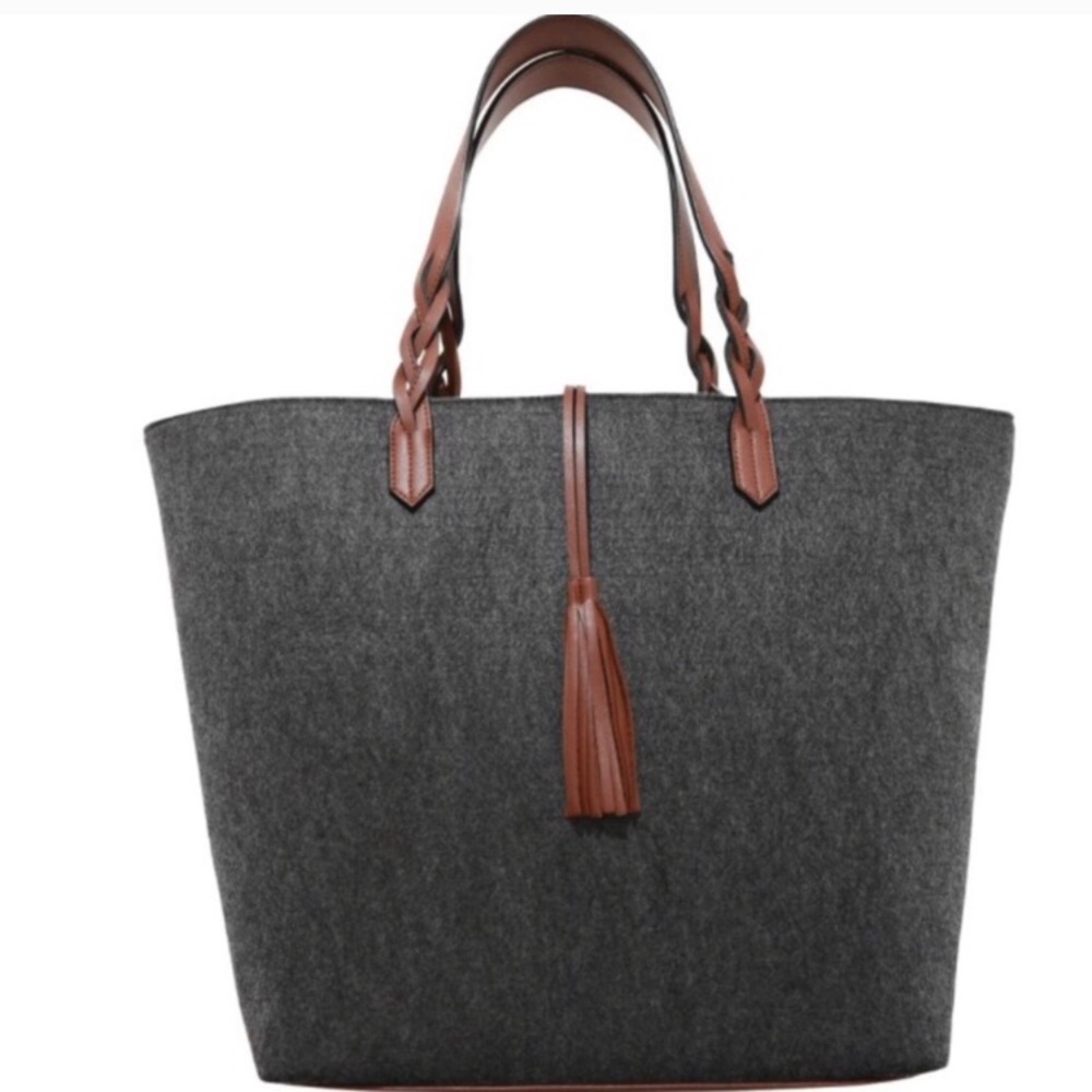 Gray wool vegan leather braided bohemian tote